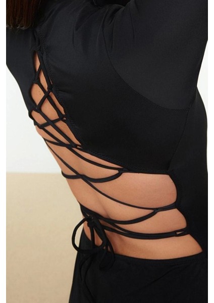 Kadın Moda Kapsız Uzun Brief Yaka Fuşya Sırt Dekolteli Uzun Kollu Regular Sörf Mayosu fırsatları