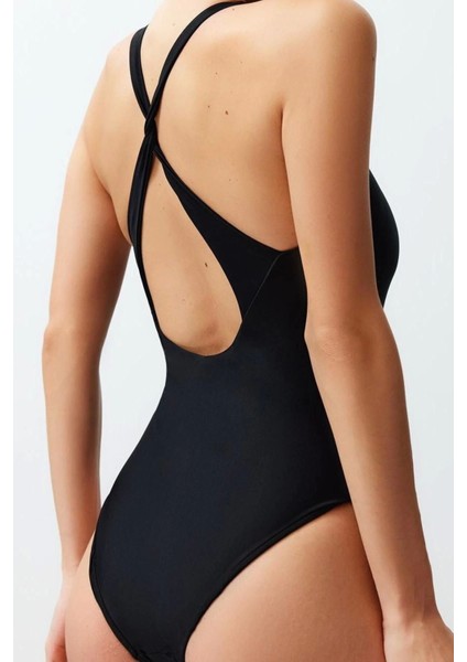 Kadın Moda Atma Kap Askılı Brief Yaka Siyah Sırt Dekolteli High Leg Regular Mayo fiyatları