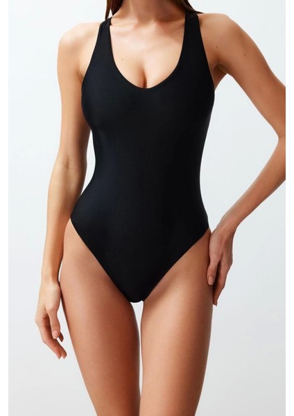 Kadın Moda Atma Kap Askılı Brief Yaka Siyah Sırt Dekolteli High Leg Regular Mayo fırsatları