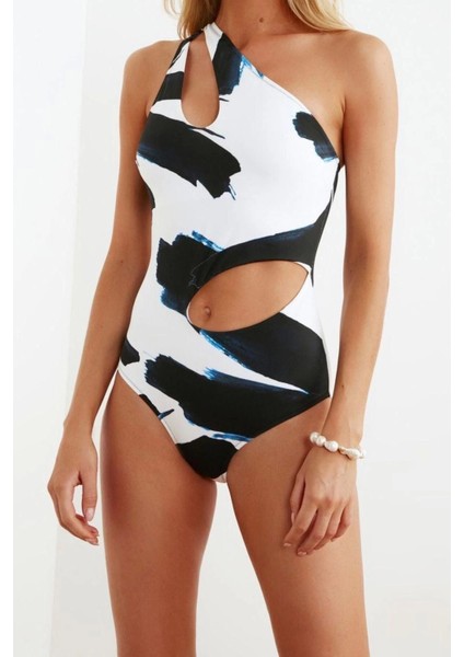 Kadın Moda Atma Kap Askılı Brazilian Yaka Soyut Desenli Tek Omuz Cut Out Pencereli Regular Mayo modelleri