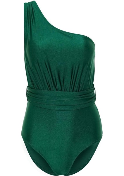 Kadın Moda Dikme Kap Askılı Brazilian Yaka Yeşil Tek Omuz Drapeli Regular Mayo