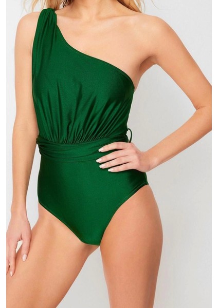 Kadın Moda Dikme Kap Askılı Brazilian Yaka Yeşil Tek Omuz Drapeli Regular Mayo modelleri