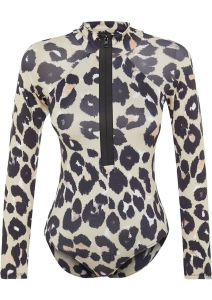 Kadın Moda Kapsız Uzun Brief Yaka Hayvan Desenli Yüzücü Fermuarlı Uzun Kollu Regular Mayo