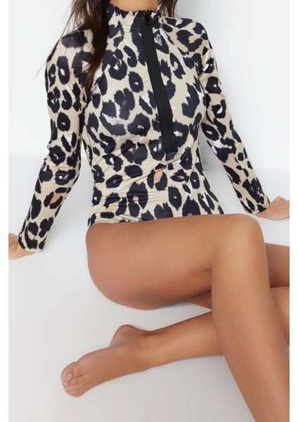 Kadın Moda Kapsız Uzun Brief Yaka Hayvan Desenli Yüzücü Fermuarlı Uzun Kollu Regular Mayo fiyatları