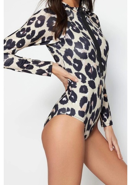 Kadın Moda Kapsız Uzun Brief Yaka Hayvan Desenli Yüzücü Fermuarlı Uzun Kollu Regular Mayo modelleri