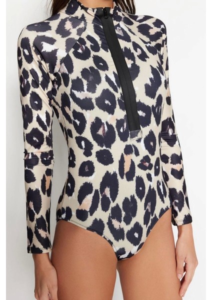 Kadın Moda Kapsız Uzun Brief Yaka Hayvan Desenli Yüzücü Fermuarlı Uzun Kollu Regular Mayo fırsatları