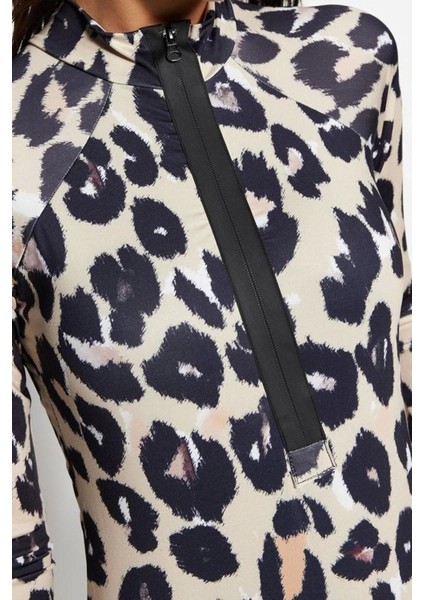 Kadın Moda Kapsız Uzun Brief Yaka Hayvan Desenli Yüzücü Fermuarlı Uzun Kollu Regular Mayo indirimleri