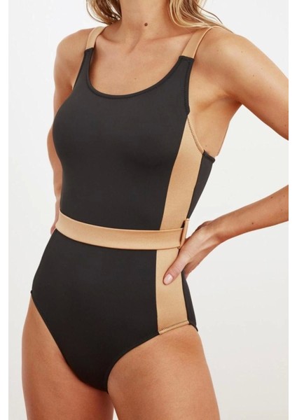 Kadın Moda Atma Kap Askılı Brief Yaka Siyah Kemerli Colour Block Regular Mayo fiyatları