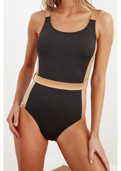 Kadın Moda Atma Kap Askılı Brief Yaka Siyah Kemerli Colour Block Regular Mayo modelleri