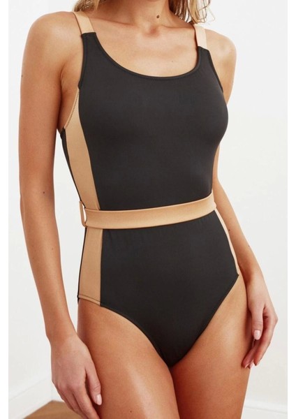 Kadın Moda Atma Kap Askılı Brief Yaka Siyah Kemerli Colour Block Regular Mayo indirimleri