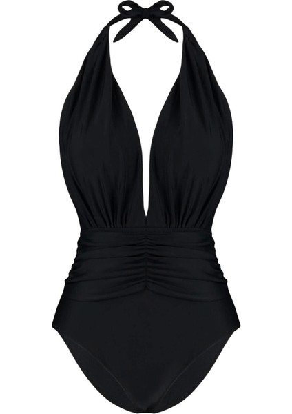 Kadın Sabit Kap Askılı Derin V Yaka Siyah Derin Dekolteli Büzgülü Regular Mayo