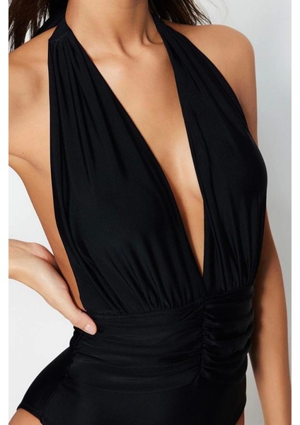 Kadın Sabit Kap Askılı Derin V Yaka Siyah Derin Dekolteli Büzgülü Regular Mayo fırsatları