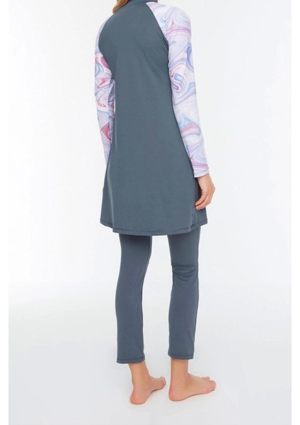 Tesettür Kapsız Su Geçirmez Uzun Yuvarlak Yaka Gri Uzun Kollu Sürf Performans 3lü Mayo Takımı modelleri