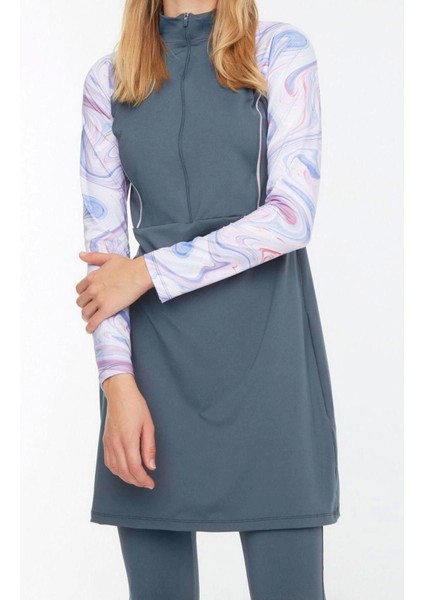 Tesettür Kapsız Su Geçirmez Uzun Yuvarlak Yaka Gri Uzun Kollu Sürf Performans 3lü Mayo Takımı fırsatları