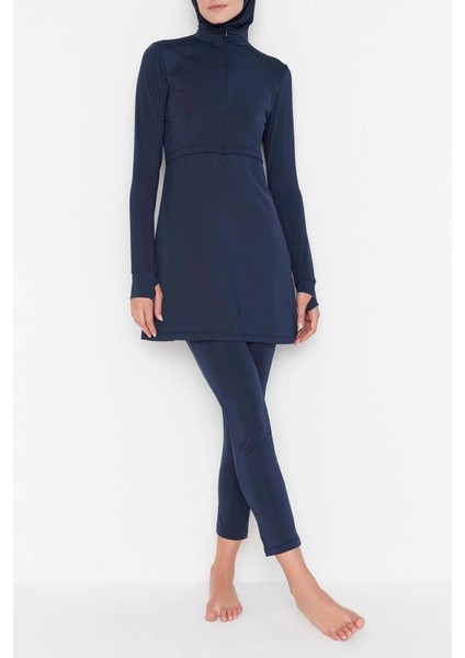 Tesettür Kapsız Su Geçirmez Uzun Yuvarlak Yaka Uzun Kollu Performans Örme 4lü Mayo Takımı