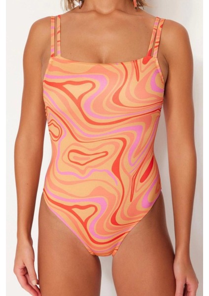 Kadın Moda Atma Kap Askılı Kare Yaka Soyut Desenli Biyeli Regular Mayo