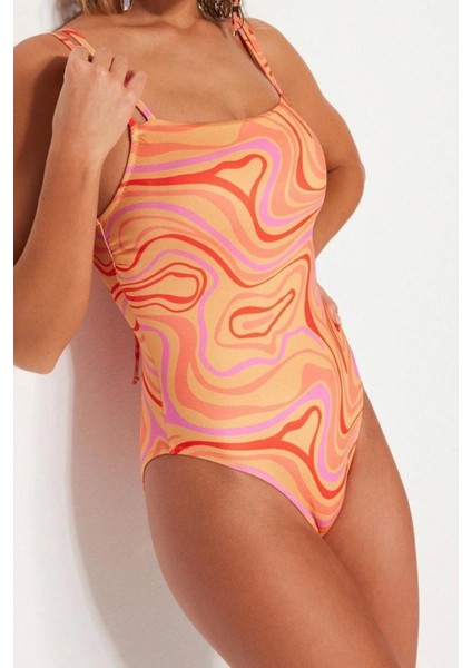 Kadın Moda Atma Kap Askılı Kare Yaka Soyut Desenli Biyeli Regular Mayo fiyatları