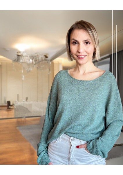 Naturel Yaka Oversize Ince Triko Mint Yeşili