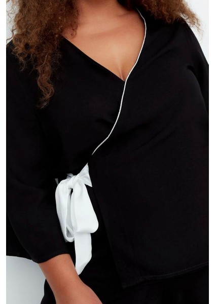 Tarz Rahat Büyük Beden Uzun Kollu Geniş Paça Yaka Bağlamalı Dokuma Pijama Takımı fırsatları