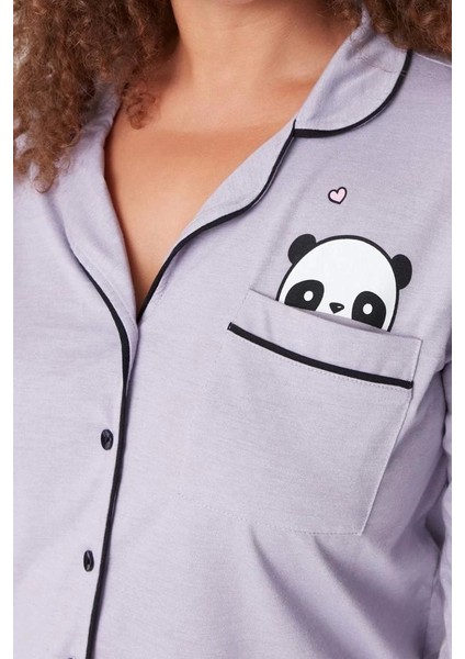 Tarz Rahat Büyük Beden Uzun Kollu Geniş Paça Panda Baskılı Örme Pijama Takımı