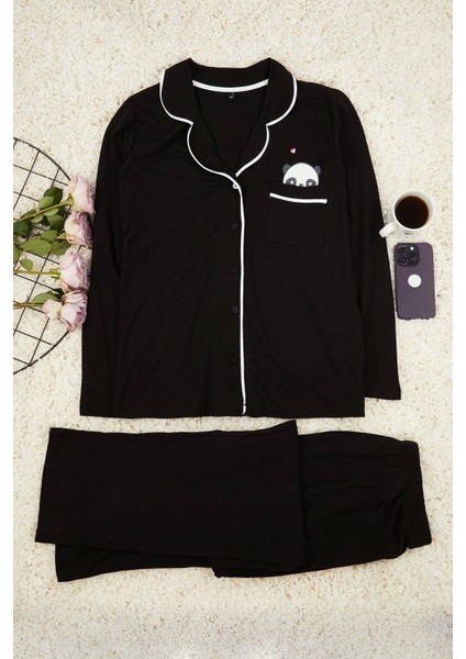 Tarz Rahat Büyük Beden Uzun Kollu Geniş Paça Panda Baskılı Örme Pijama Takımı