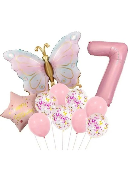 Pembe Yaş Rakamlı Retro Kelebekli Pembe Retro Yıldız Folyo Balonlu Doğum Günü Parti Seti Süsü
