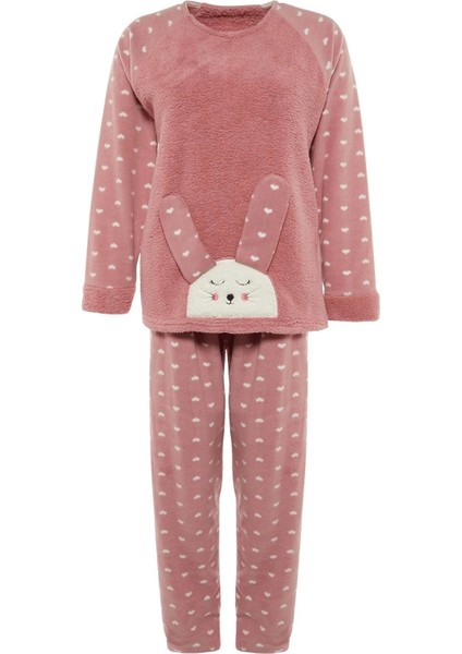 Tarz Rahat Büyük Beden Uzun Kollu Dar Paça Kalpli Polar Örme Pijama Takımı