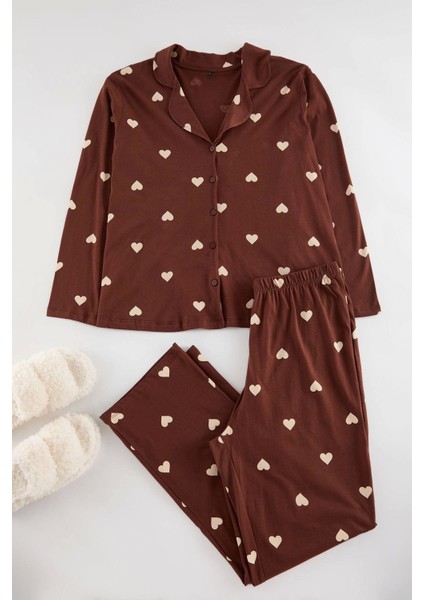 Tarz Rahat Büyük Beden Uzun Kollu Geniş Paça Kalpli Örme Pijama Takımı