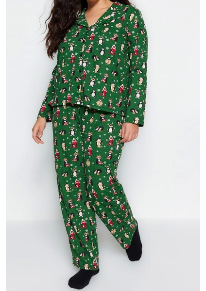 Tarz Rahat Büyük Beden Uzun Kollu Boru Paça Yılbaşı Temalı Örme Pijama Takımı