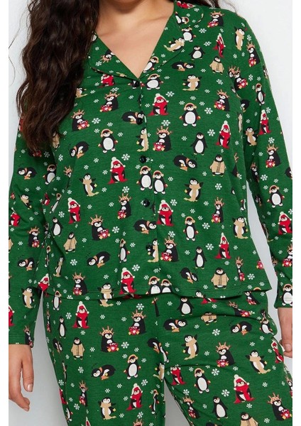 Tarz Rahat Büyük Beden Uzun Kollu Boru Paça Yılbaşı Temalı Örme Pijama Takımı