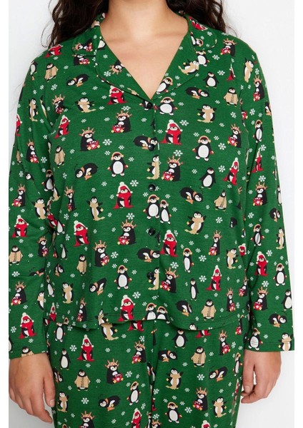 Tarz Rahat Büyük Beden Uzun Kollu Boru Paça Yılbaşı Temalı Örme Pijama Takımı