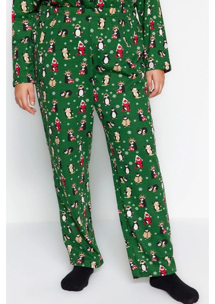 Tarz Rahat Büyük Beden Uzun Kollu Boru Paça Yılbaşı Temalı Örme Pijama Takımı