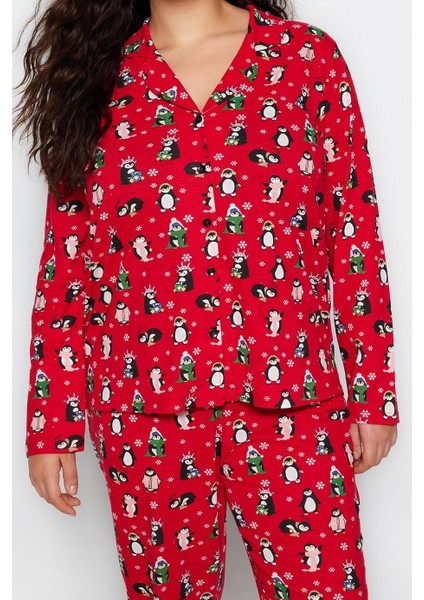 Tarz Rahat Büyük Beden Uzun Kollu Boru Paça Yılbaşı Temalı Örme Pijama Takımı