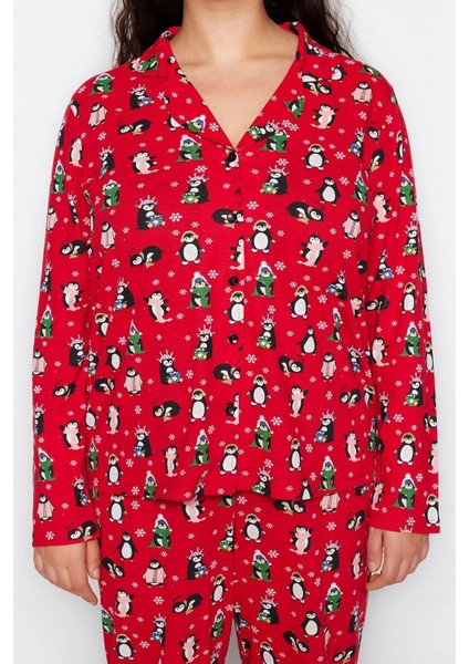 Tarz Rahat Büyük Beden Uzun Kollu Boru Paça Yılbaşı Temalı Örme Pijama Takımı