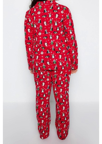 Tarz Rahat Büyük Beden Uzun Kollu Boru Paça Yılbaşı Temalı Örme Pijama Takımı