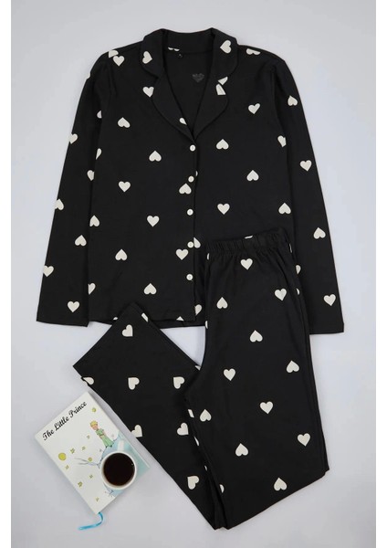 Tarz Rahat Büyük Beden Uzun Kollu Geniş Paça Kalpli Örme Pijama Takımı