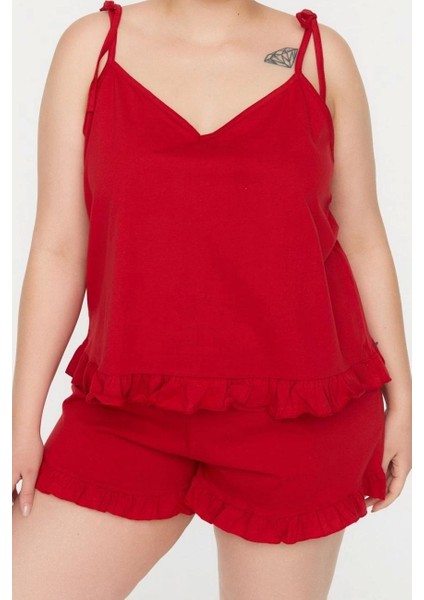 Tarz Rahat Büyük Beden Uzun Kollu Geniş Paça Fırfır Detaylı Askılı Örme Pijama Takımı