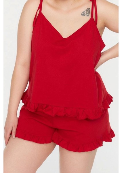 Tarz Rahat Büyük Beden Uzun Kollu Geniş Paça Fırfır Detaylı Askılı Örme Pijama Takımı fiyatları