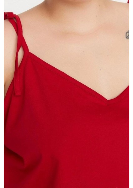 Tarz Rahat Büyük Beden Uzun Kollu Geniş Paça Fırfır Detaylı Askılı Örme Pijama Takımı modelleri