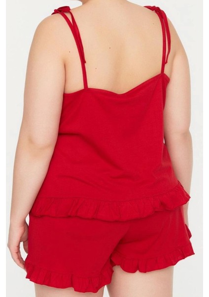 Tarz Rahat Büyük Beden Uzun Kollu Geniş Paça Fırfır Detaylı Askılı Örme Pijama Takımı indirimleri