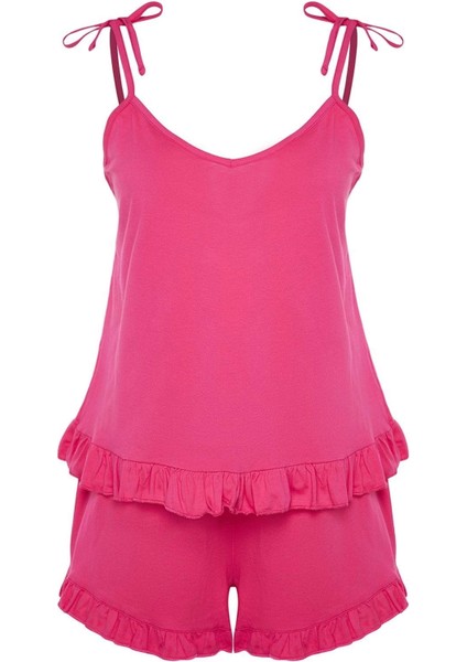 Tarz Rahat Büyük Beden Uzun Kollu Geniş Paça Fırfır Detaylı Askılı Örme Pijama Takımı