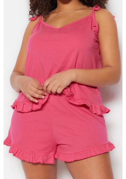Tarz Rahat Büyük Beden Uzun Kollu Geniş Paça Fırfır Detaylı Askılı Örme Pijama Takımı
