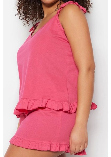 Tarz Rahat Büyük Beden Uzun Kollu Geniş Paça Fırfır Detaylı Askılı Örme Pijama Takımı