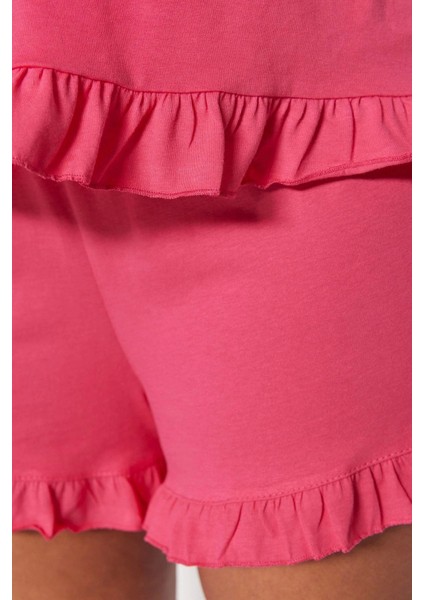Tarz Rahat Büyük Beden Uzun Kollu Geniş Paça Fırfır Detaylı Askılı Örme Pijama Takımı