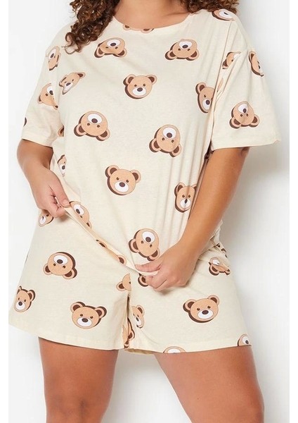 Tarz Rahat Büyük Beden Kısa Kollu Geniş Paça Ayıcık Baskılı Pamuklu Örme Pijama Takımı