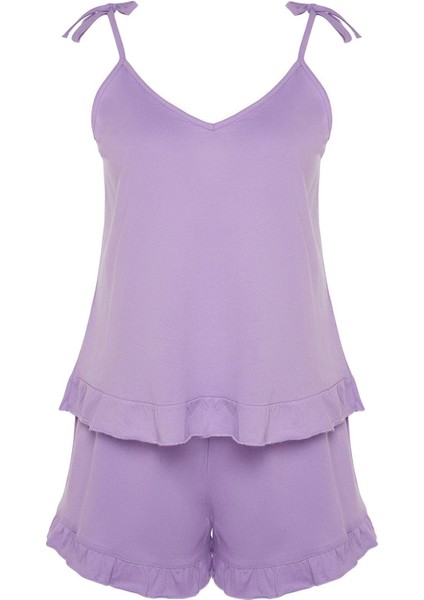 Tarz Rahat Büyük Beden Uzun Kollu Geniş Paça Fırfır Detaylı Askılı Örme Pijama Takımı