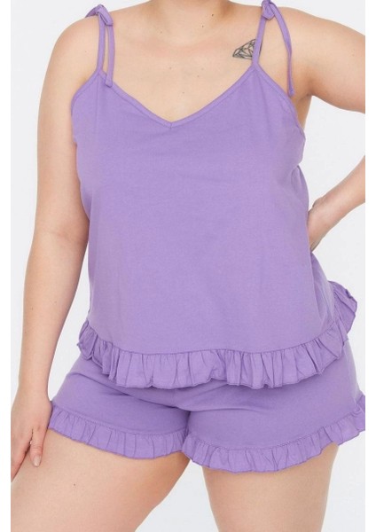Tarz Rahat Büyük Beden Uzun Kollu Geniş Paça Fırfır Detaylı Askılı Örme Pijama Takımı fiyatları