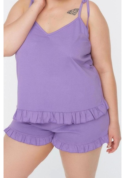 Tarz Rahat Büyük Beden Uzun Kollu Geniş Paça Fırfır Detaylı Askılı Örme Pijama Takımı modelleri