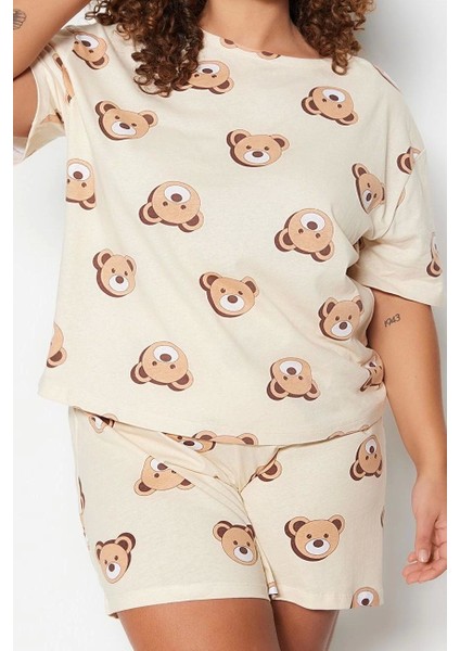 Tarz Rahat Büyük Beden Kısa Kollu Geniş Paça Ayıcık Baskılı Pamuklu Örme Pijama Takımı fiyatları