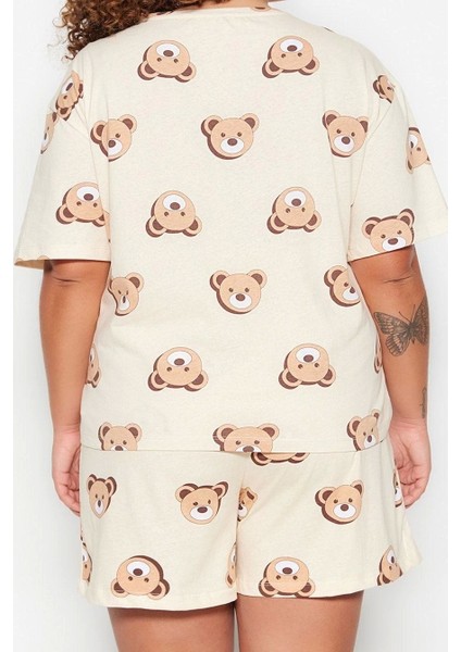 Tarz Rahat Büyük Beden Kısa Kollu Geniş Paça Ayıcık Baskılı Pamuklu Örme Pijama Takımı modelleri